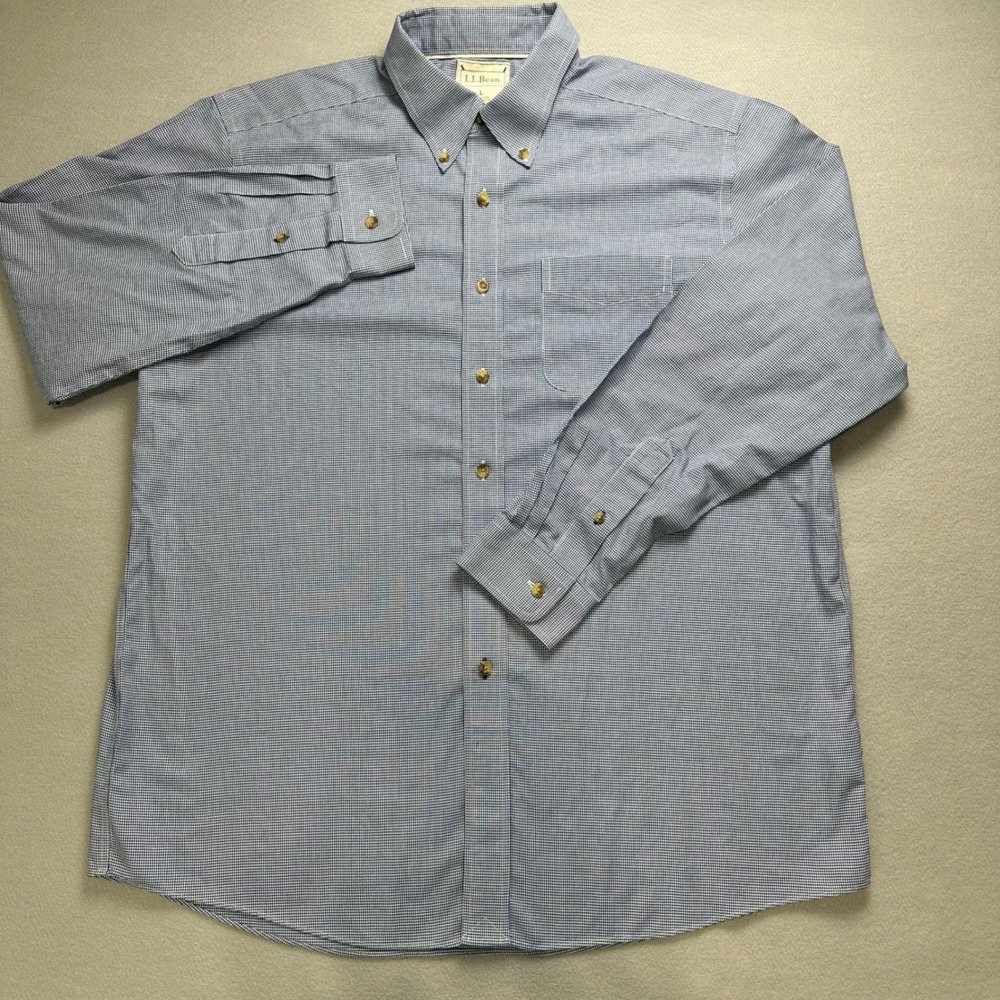 LL Bean Button Down Shirt Mens L Blue Micro Check Long Sleeve Cotton 0FKD3